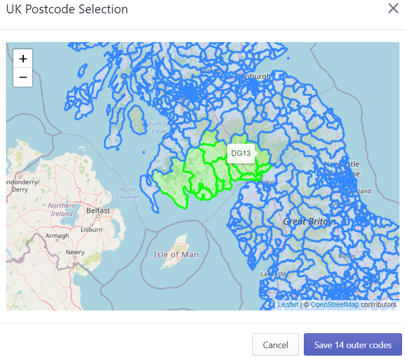 A dense map of various UK postcode areas outlined in blue. A collection of areas representing Dumfries and Galloway are highlighted in green.  In the bottom right there is a gray cancel button and purple button with the words, "Save 14 outward codes"
